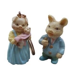 Miniature Anthropomorphic Pig Figures: Mama w/Baby (JC 1991), Dad w/Phone